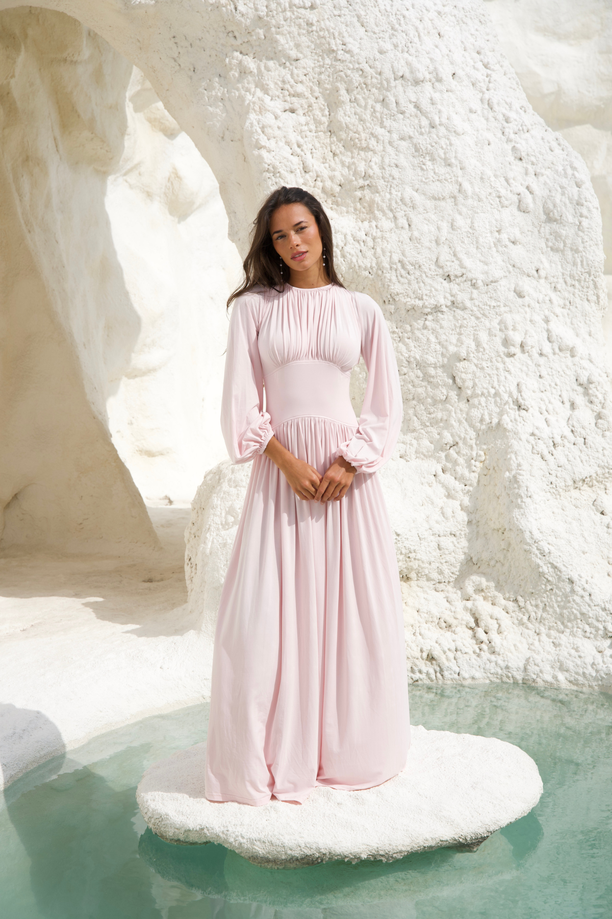 Baby Pink Cinched-Waist Maxi Dress - Alara