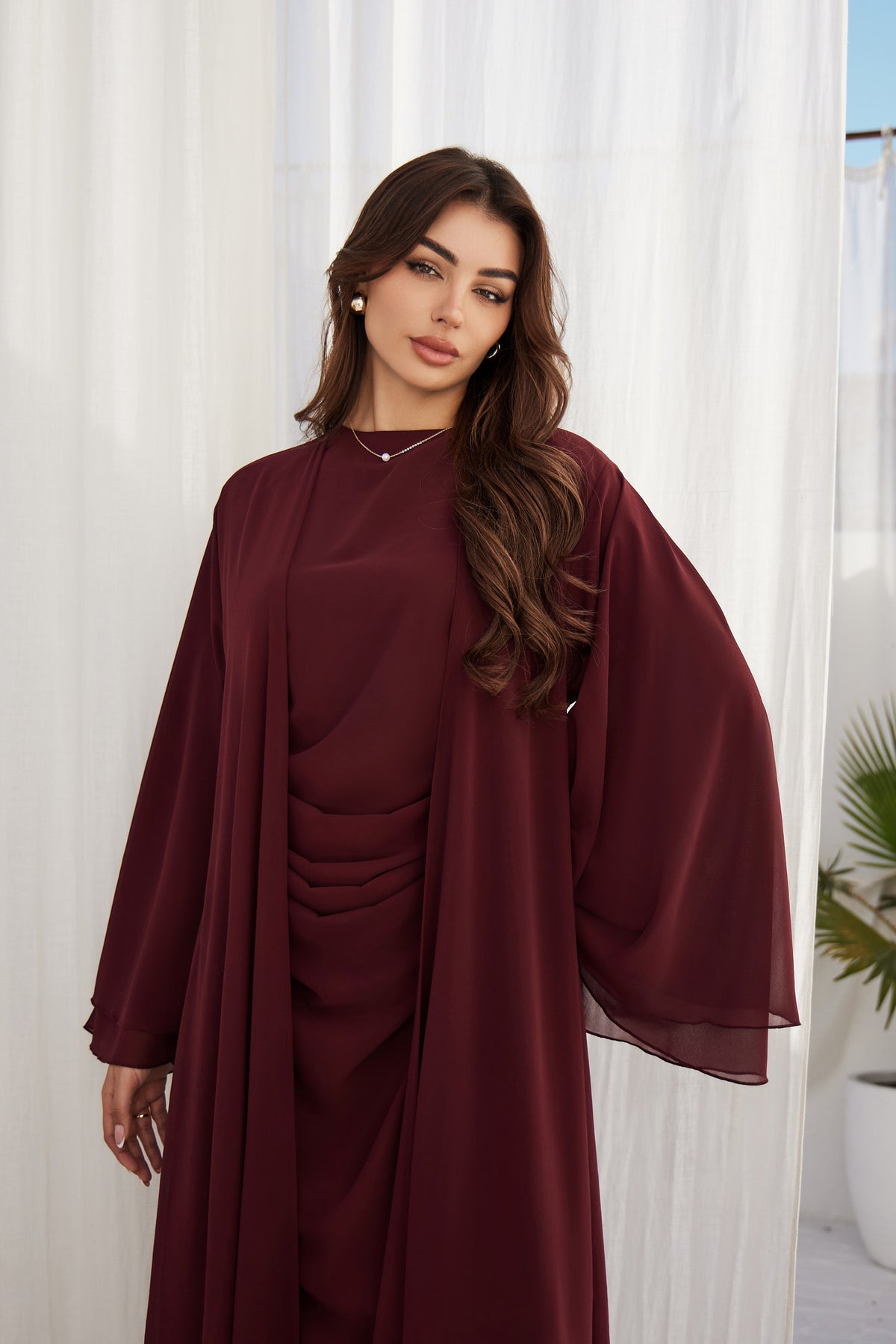 Maroon Chiffon Abaya - Arwa, flowing double chiffon